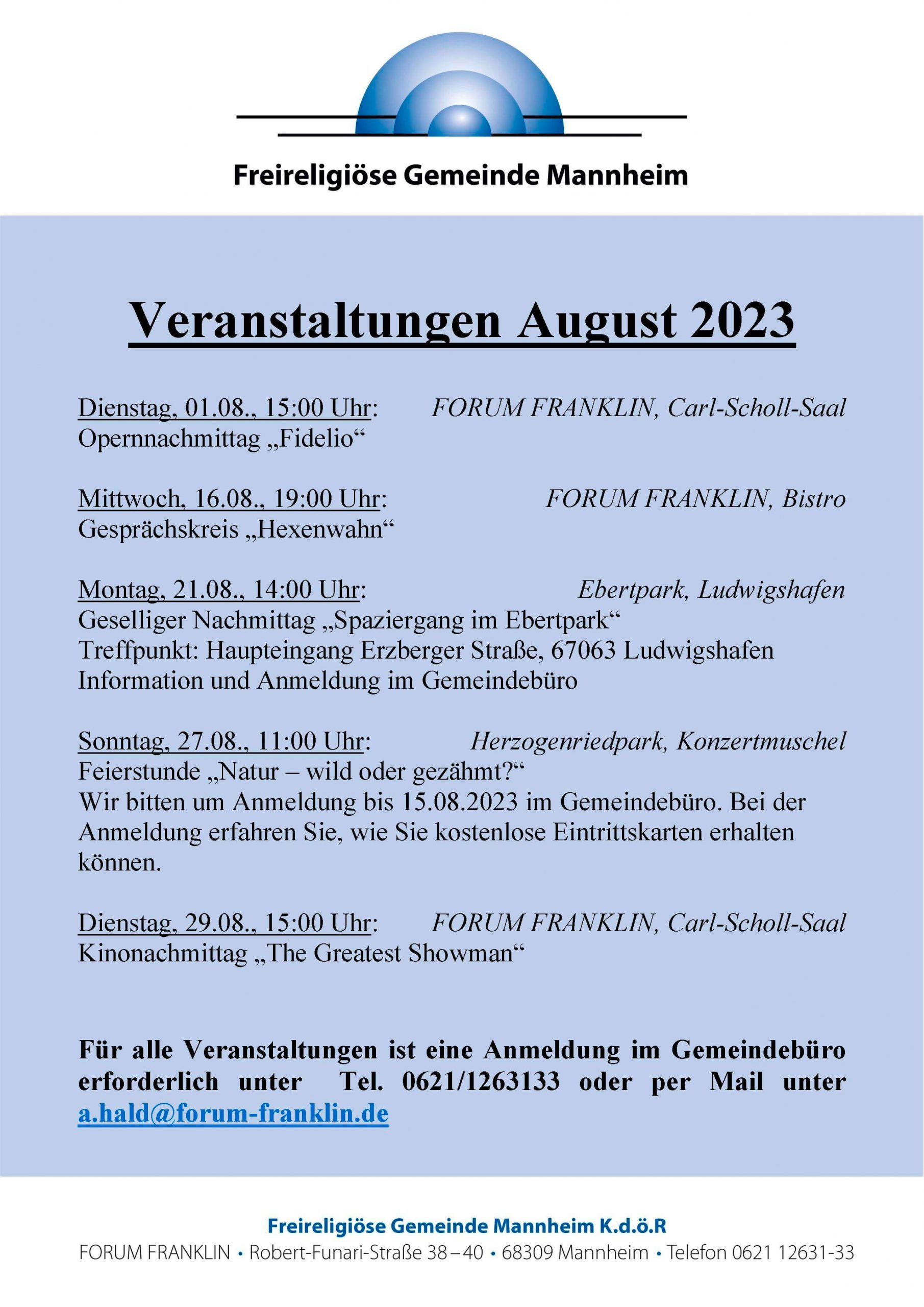 Veranstaltungen August 2023 FORUM FRANKLIN