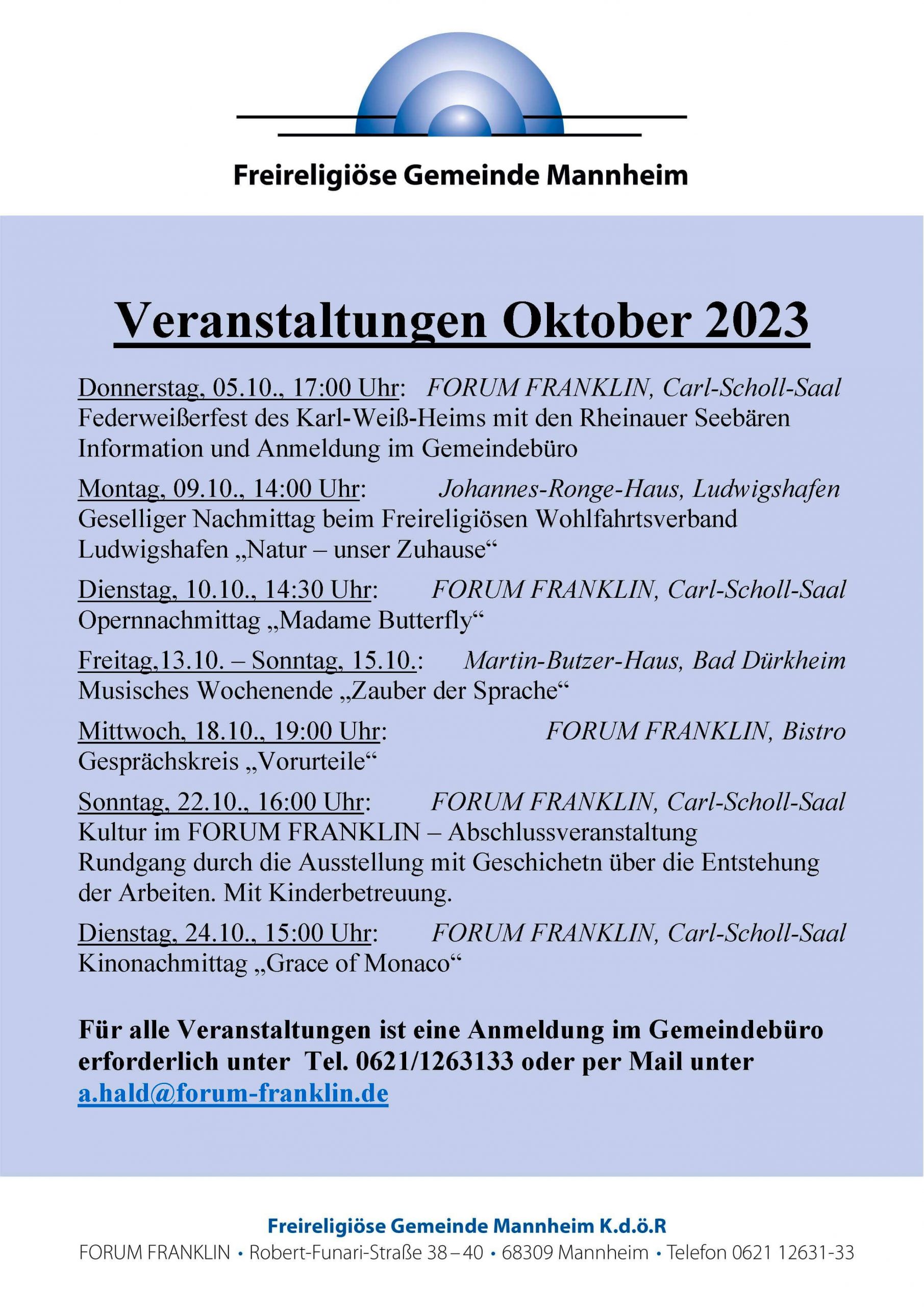 FORUM FRANKLIN Veranstaltungen Oktober 2023