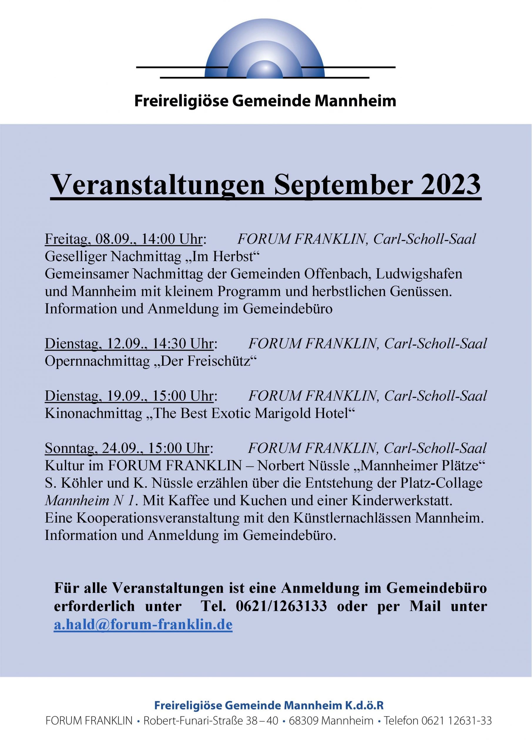Veranstaltungen FORUM FRANKLIN September 2023