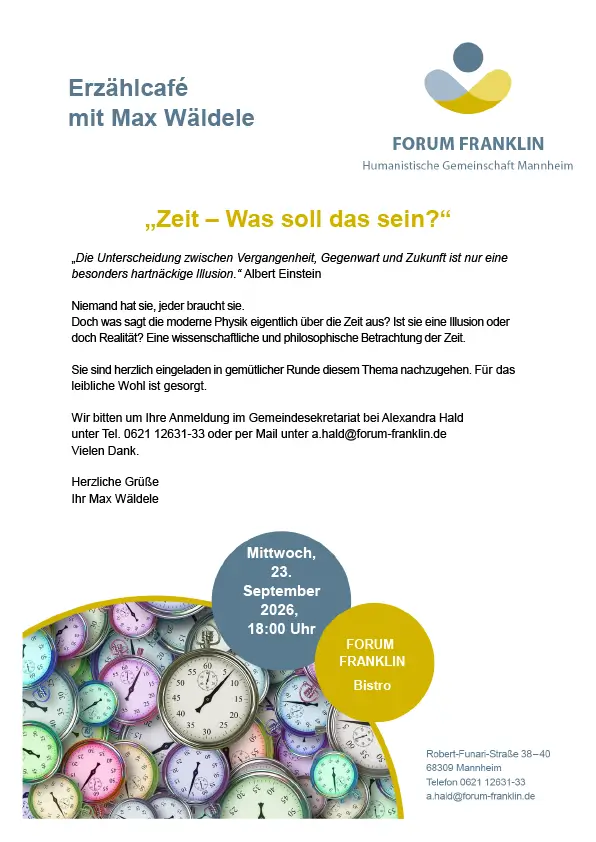 Matinee Gesundheit Flyer zum Erzählcafé mit Max Wäldele "Zeit- Was soll das sein?" am 23 .09.26