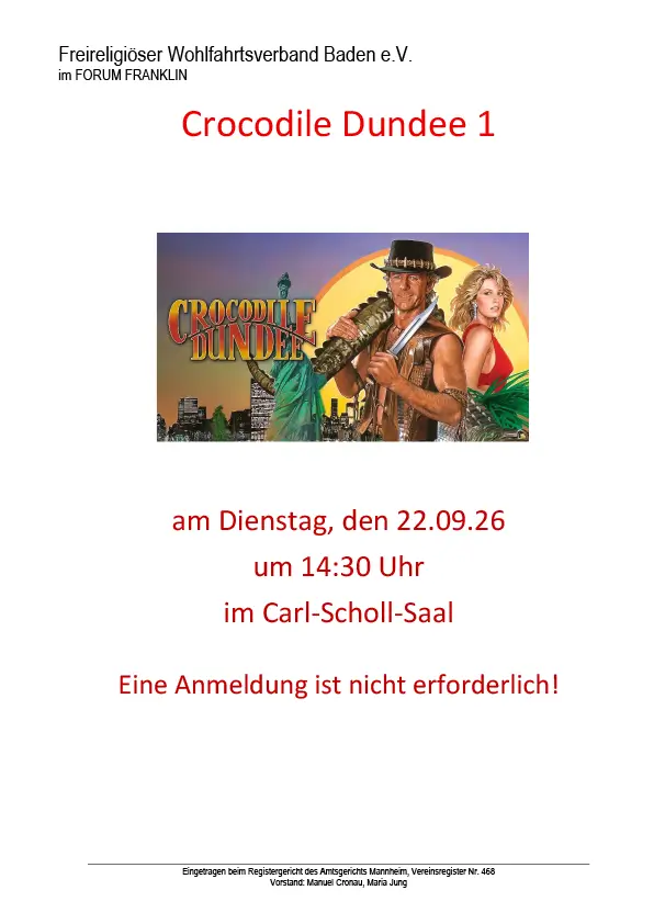 Matinee Gesundheit Einladung zum Filmabend mit dem Filmtitel "Crocodile Dundee 1"